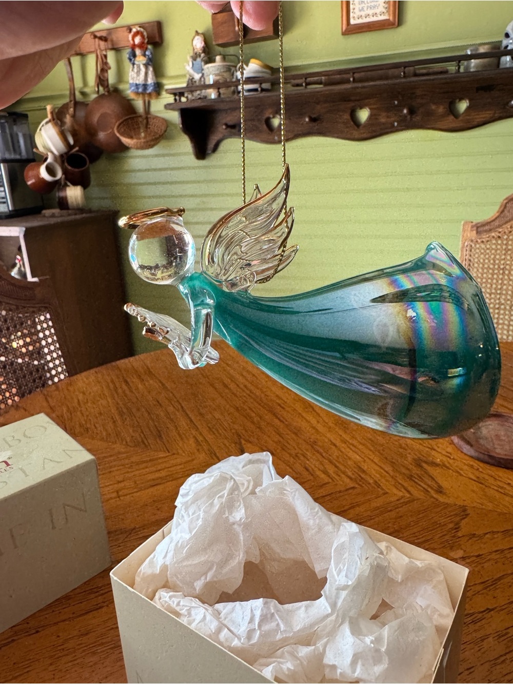 Vintage Hand-Blown Aqua Green Glass Angel Figurine – Iridescent Finish & Gold Ha